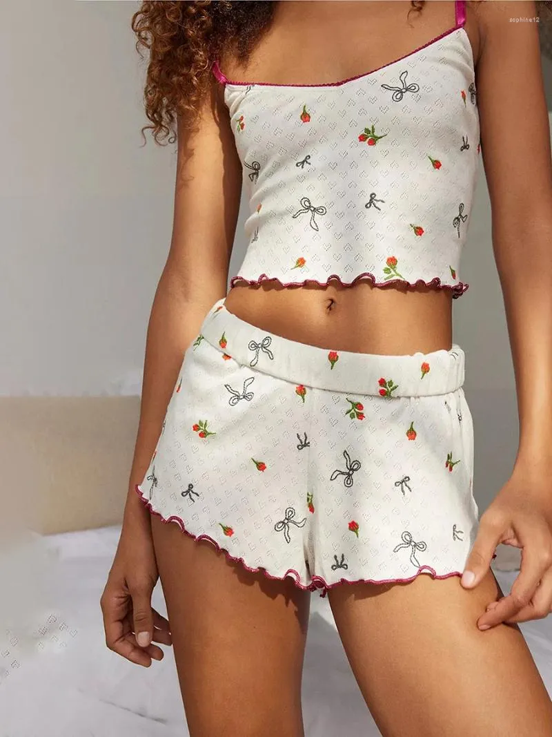 Accueil Vêtements Femmes 2 pièces Pyjama Set sans manches Floral Bow Imprimé Cami Tops Shorts décontractés
