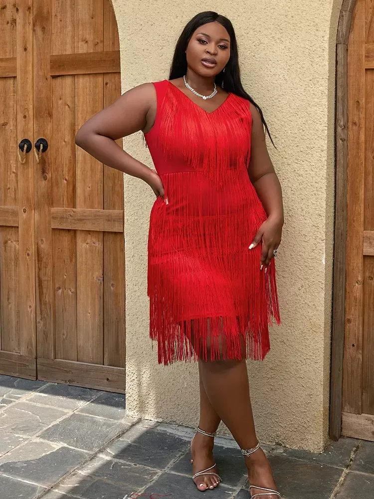 Red Tassel Party Dress - V Neck Sleeveless High Waist Fringe Gown