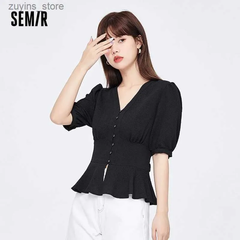 Women's T-Shirt Semir Short Sleeve Shirt Women Short V Neck Bubble Sleeve 2023 Summer New Texture Top Blouse Fashion24329