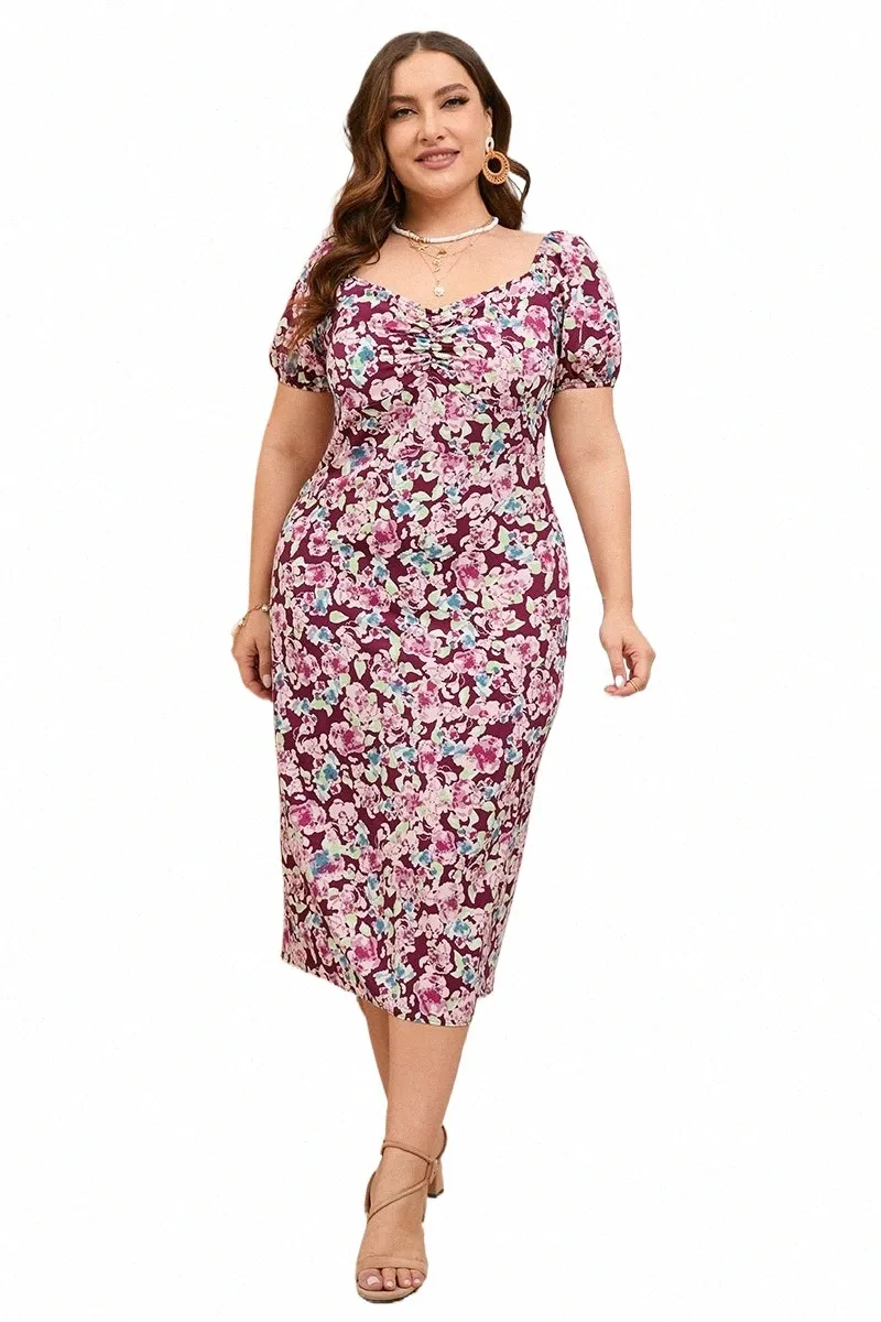 カジュアルなセクシーなゾマーLange Jurk Vrouwen Roze Bloemen Grote Maat Heup Avdjurk Plus Eregante Bodyc Jurken voor vrouwen 95wz＃