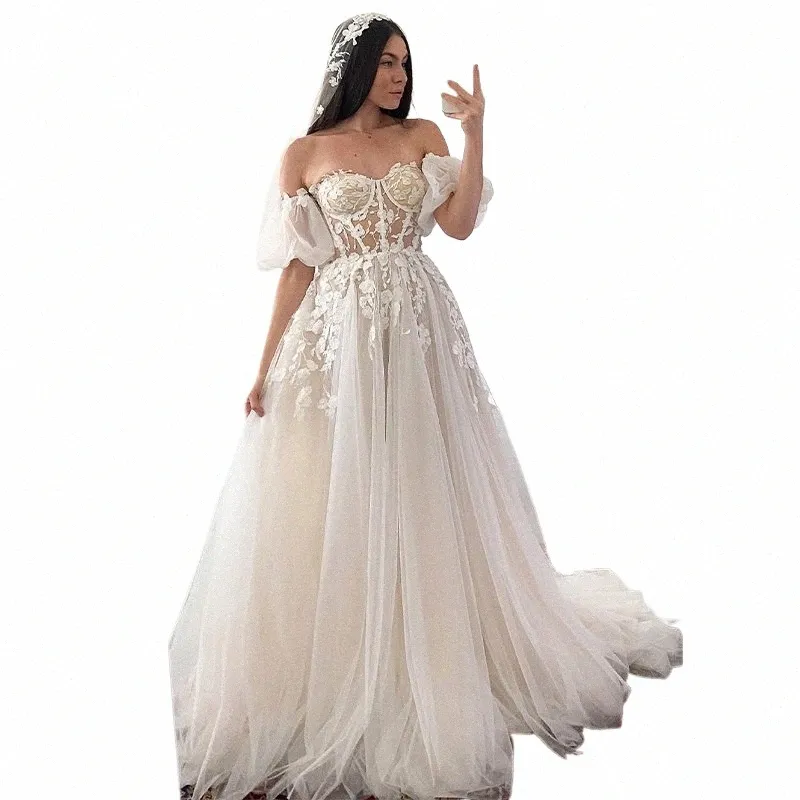 Manches courtes bouffantes dentelle 3D mariage Dres Champagne Liner Tulle Appliques robes de mariée formelles femmes 2023 l7gG #