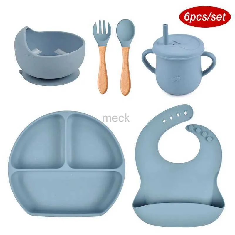 Cups Dishes Utensils 4/6 Pcs Silicone Tableware Plate For Kid Baby Feeding Sets Suction Bowl Plate Dishes Spoon Fork First Stage Self Feed Straw Cup 240329