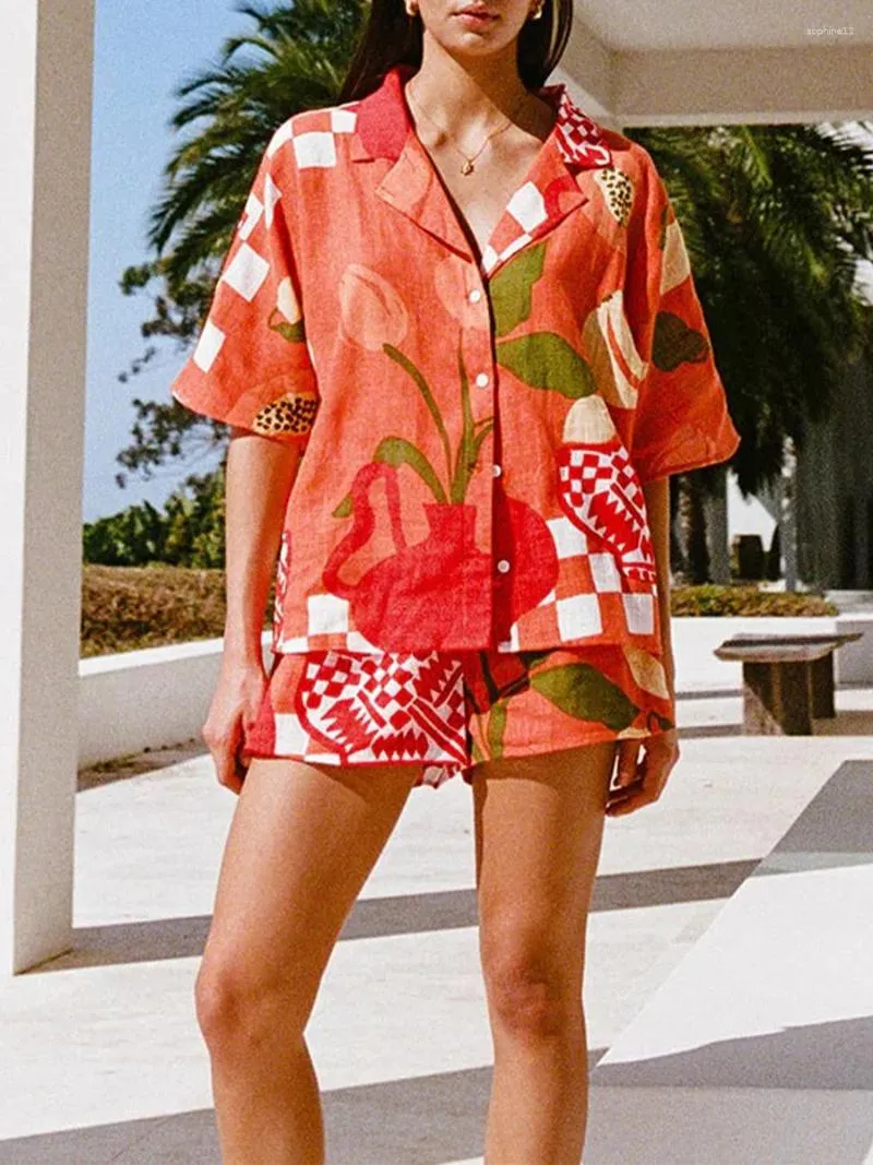 Startseite Bekleidung Mode Damen Shorts Set Blumendruck Kurzarmshirt mit elastischem Bund Sommeroutfit Hautfreundlich S-XL