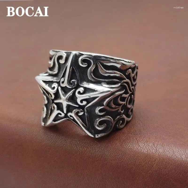 Bagues de cluster Bocai S925 Argent Exquisement conçu Cinq étoiles à cinq branches Dragon à motifs de fleurs à large bord pour femmes Fashiona Bijoux