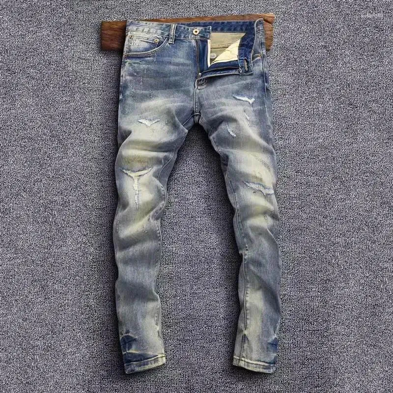 Jeans da uomo Street Fashion da uomo di alta qualità retrò blu elasticizzato slim fit strappato rattoppato pantaloni di jeans vintage hip-hop
