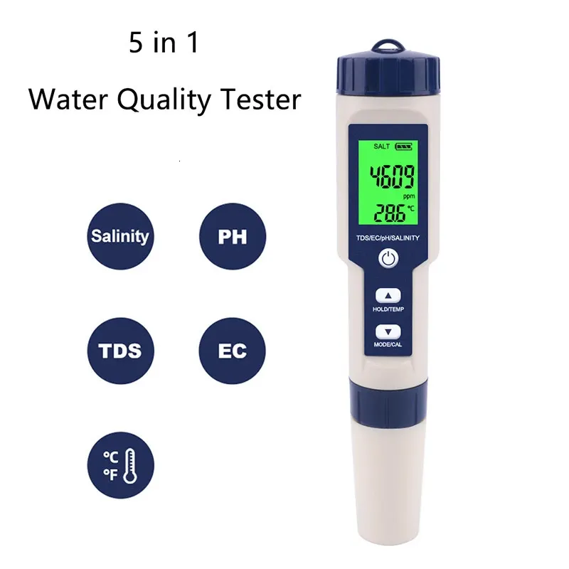 5 in 1 waterkwaliteitstester digitale TDS/EC/PH/zoutgehalte/temperatuurmeter voor zwembaden aquaria waterkwaliteit detector 240320