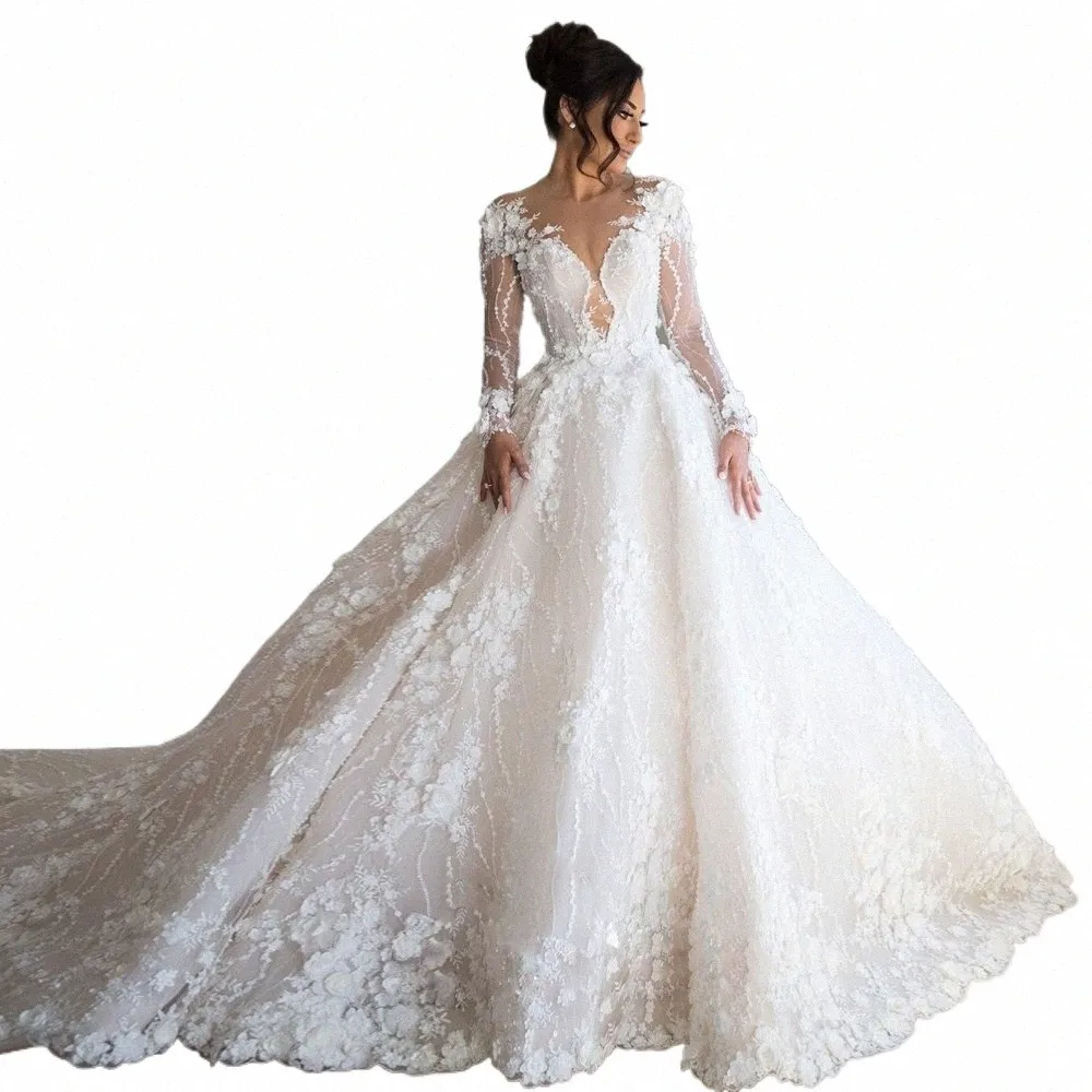 Fmogl Sexy Chérie Lg Manches Dentelle Robe De Bal De Mariage Dres De Luxe Frs Chapelle Train Vintage Robe De Mariée H1j9 #