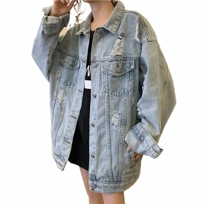 새로운 한국 스타일 데님 재킷 여성 단색 찢어진 겉옷 사무실 레이디 대형 여성 빈티지 대형 크기 4xl 느슨한 코트 g5e0#