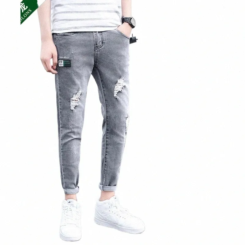 spring autumn 2021patch teenagers denim jeans men's Korean grey ripped feet pants trend street student men's pencil pants 24tL#