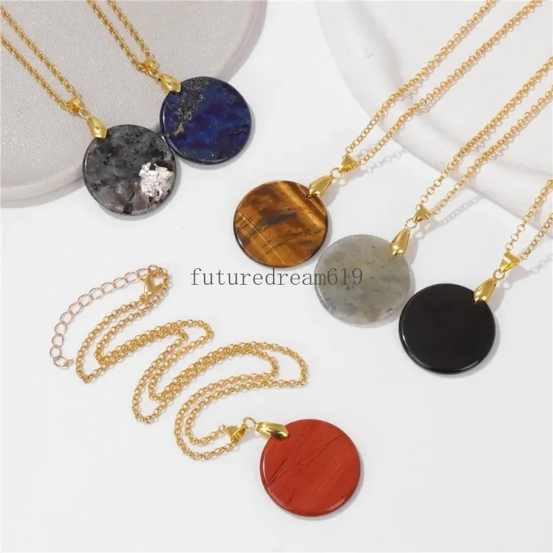 Round Slice Stone Necklace For Women Natural Tiger Eye Stone Lapis Lazuli Pendent Choker Chain Necklace Men Jewelry Party Gift