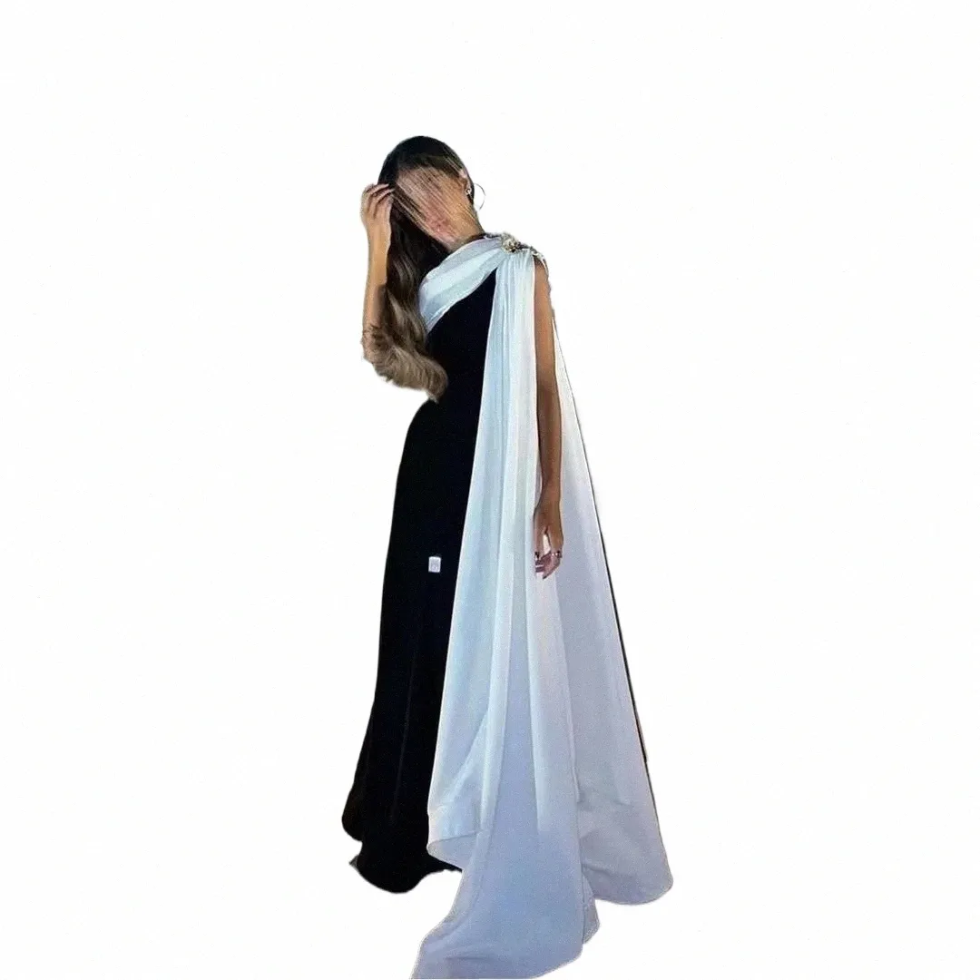 aleeshuo Modern Black and White Prom Dres Lg Cape Sleeve Maid of Hor Formal Party Evening Gowns Zipper Back Saudi Arabic h9L9#