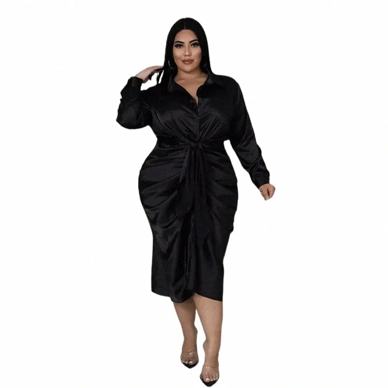 shirt Dr Women with Lace Up Lg Sleeve Clothing Plus Size Midi Dr Sexy Satin Dres Big Size Wholesale Dropship m0gq#