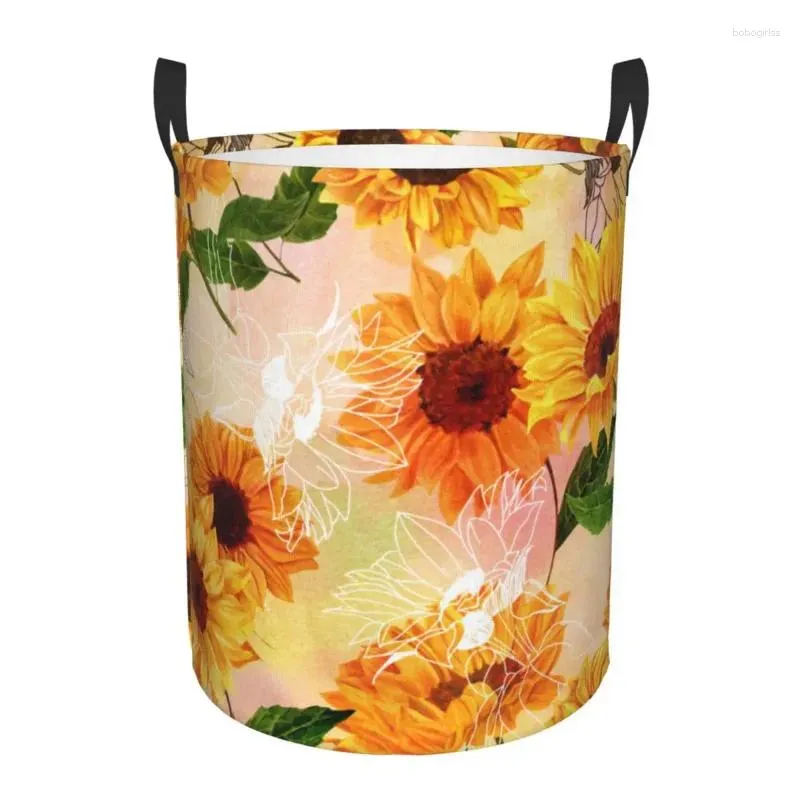 Waszakken Opvouwbare mand Zonnebloemen Aquarel Vintage Ronde Opbergbak Grote mand Opvouwbare kleding Speelgoedemmer Organizer