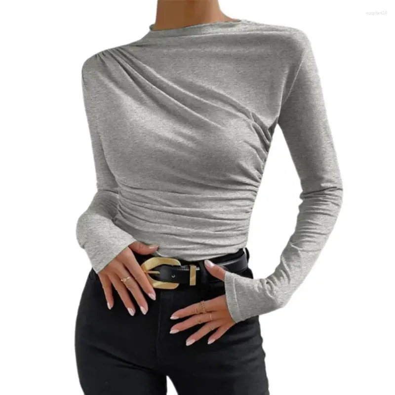 Blouses Femmes Femmes À Manches Longues Haut Polyvalent Plissé Élégant Slim Fit Pull Tops Pour Couleur Unie Demi Haute Dames