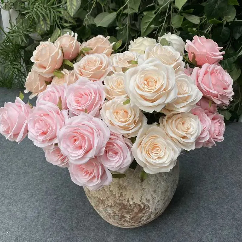 Decorative Flowers Wreaths 9Head Artificial Pink Rose Bouquet Flower Wedding Bridal Photography Props Home Garden Decoration Simulation Silk Rose BouquetL2403
