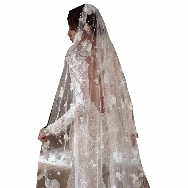 elegante Applique Fr véus de noiva frisado pérolas de uma camada com pente nupcial 1T véu de casamento V3uu #