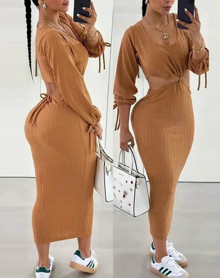 Casual Dresses Womens 2024 Spring Fashion Cutout Tied Detail Cable Textured U-Neck Plain Long Sleeve Bodycon Daily Dress