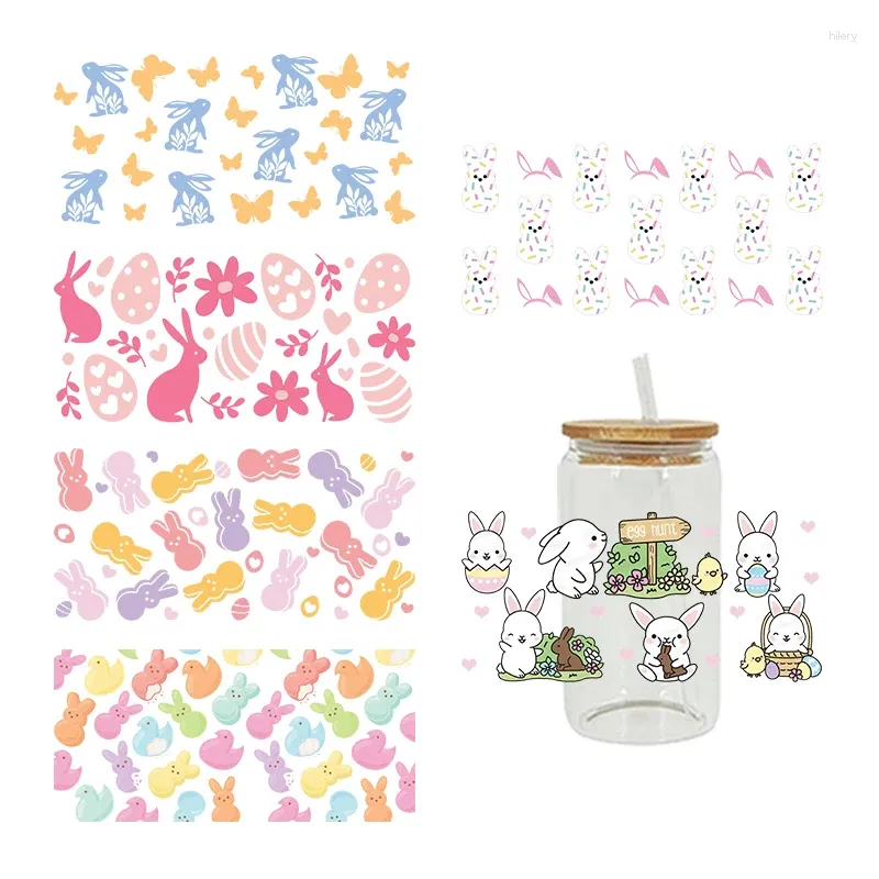 Window Stickers Cartoon Rabbits 3D UV DTF Transfer Libbey Cup Wrap Iron For Glass 16oz D8773