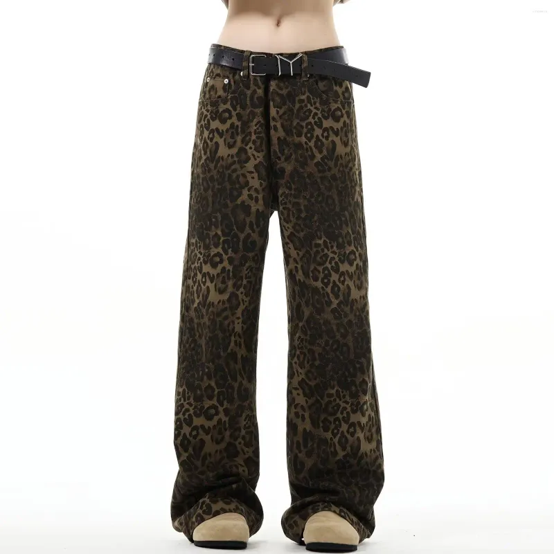 Jeans da uomo Y2k Leopard Jean Pantaloni per le donne Cerniera a vita alta Pantaloni larghi a gamba 2024 Primavera Estate Hip Hop Street Lady Cargo Pantaloni in denim
