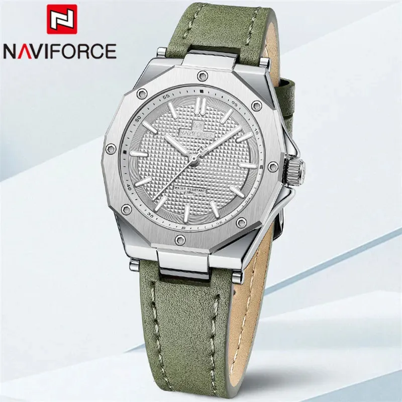 NAVIFORCE Frauen Uhr Top Marke Luxus Klassische Dame Mädchen Armbanduhr Grün Echtes Leder Mode Armband Weiblichen Uhr 5026 240323