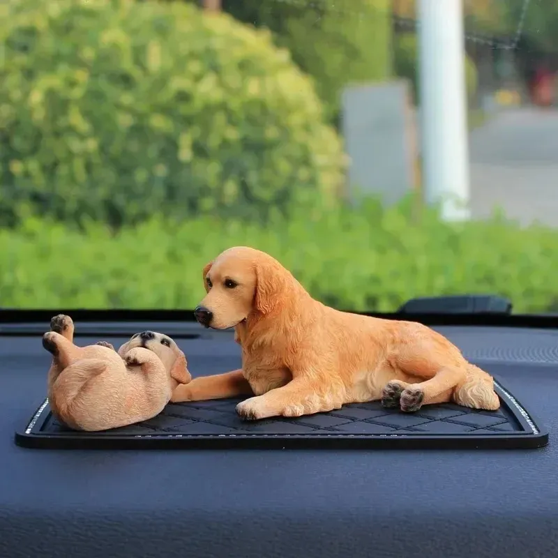 2024 Car Ornaments Resin Golden Retriever Doll Dashboard Decoration Sleep Dog Mother and Child Auto Interior Decor With Gift Box