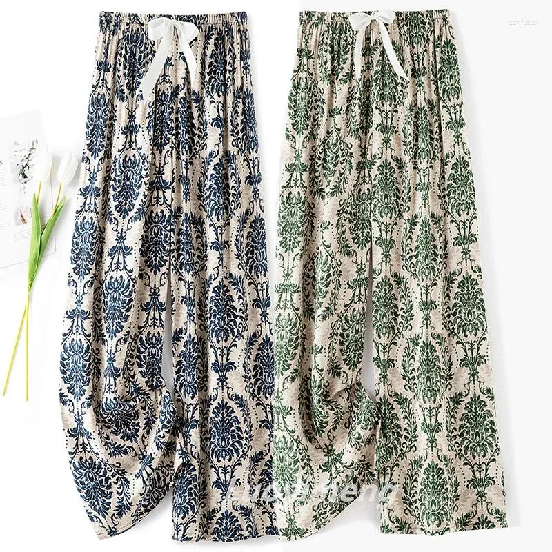 Women's Pants Beach Vacation Boho 2024 Summer Floral Print Wide Leg Women Elastic High Waist Calf Length Trousers Sweatpants