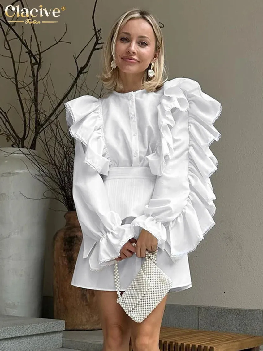 CLACIVE Fashion Loose White Cotton 2 Piece Set Women Outfit Elegant Ruffle Long Sleeve Office Lady Girdle Mini Dress Set 240329