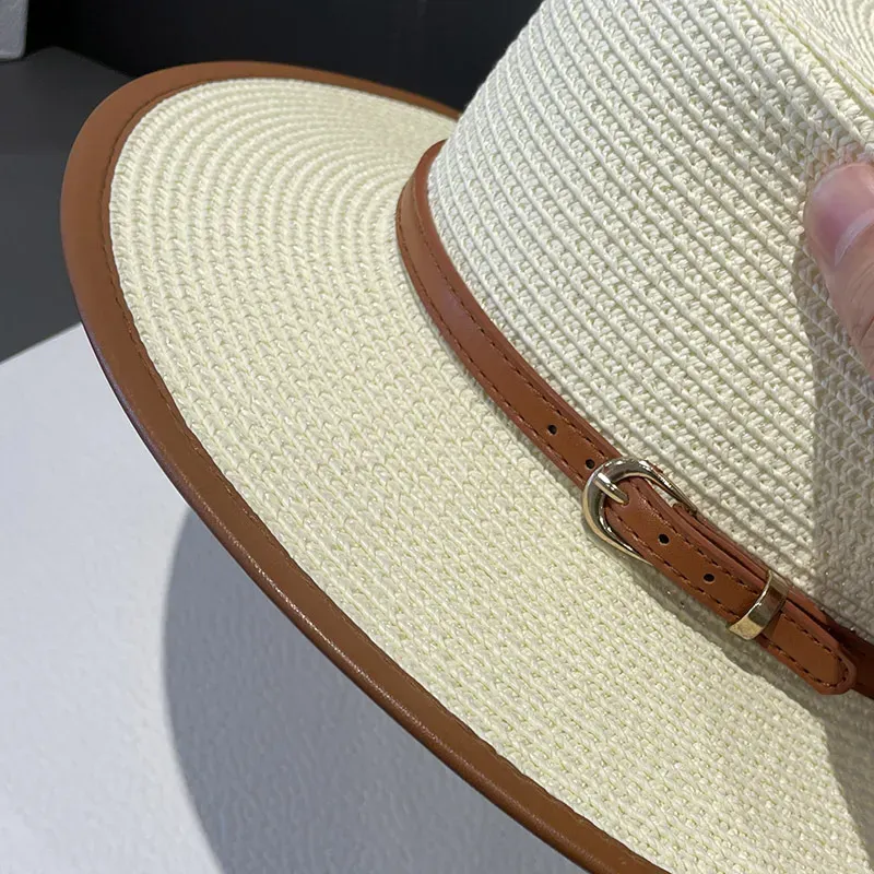 Women`s Flat Top Sun Hat Women Fashion Wide Brim Straw Hats Woman Beach Sun Protection Cap Summer Travel Caps