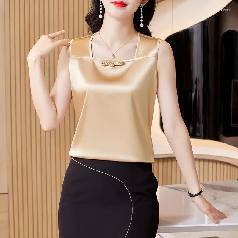 Women's Blouses Satin Women Blouse Vintage Chinese Style Buttons Corset Top Solid Basic Elegant Womens Tops Summer Fashion Sleeveless