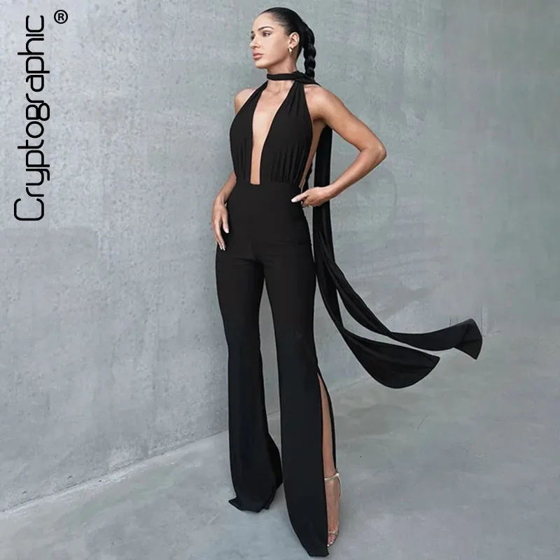 Cryptographic Deep V Wrap Around Halter Sexig backless Flare Pants Jumpsuits Fashion Outfits For Women Rompers Overalls 240320