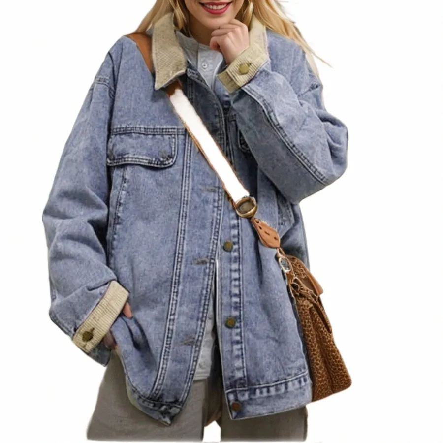 Vestes en denim surdimensionnées Col et poignets en velours côtelé Veste en jean pour femmes Boyfriend Baggy Denim Manteau Coréen Chic Loose Jeans Veste v8nT #