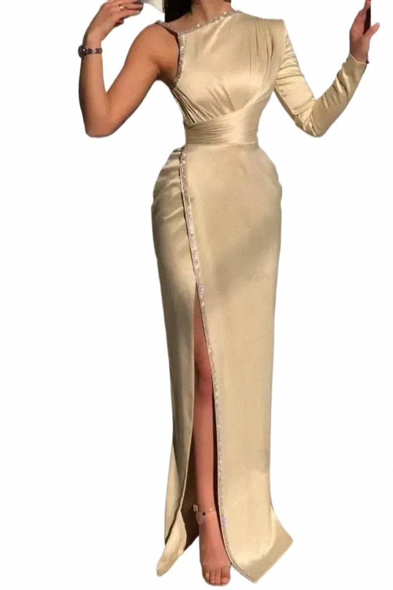 2023 Elegante champagne één schouder LG mouw satijnavond dres met geplooide kralen zeemeermin formeel prom dr for dames j5kd#