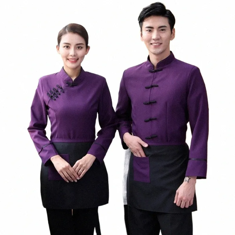 Hotellarbetskläder Fall/vinterkvinnor LG SLEEVE Vintage Uniform Chinese Tradeitial Restaurant Waiter Shirt+Apr Set Sales P2LA#