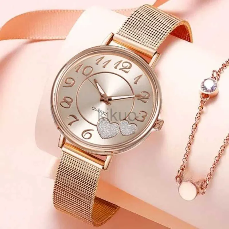 Horloges Elegant Rose Gold Heart Dial Horloge Dames Eenvoudig Temperament Student Waterdicht Dames Hoogwaardig vrouwelijk luxe horloges Dames 24329