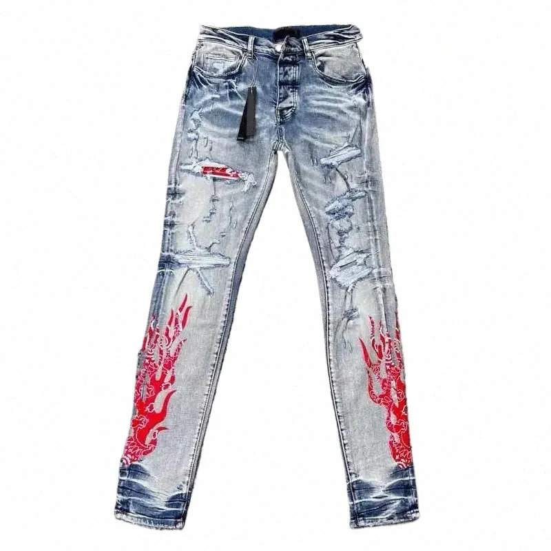 Am Brand Men's Jeans Streetwear Calf Red Flame Vintage Pants Luxury Fi Stretch Skinny Ripped Jeans Hip Hop Denim Trouser 77BE#