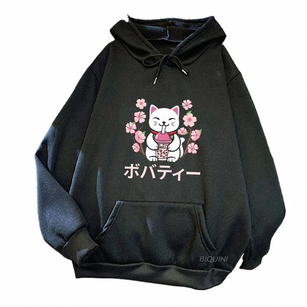 Spring Autumn Winter Women Hoodies Carto Cat Bubble Boba Milk Tea Cherry Blossom Print LG Sleeve Plus Size Hoodie Sweatshirt C77T#