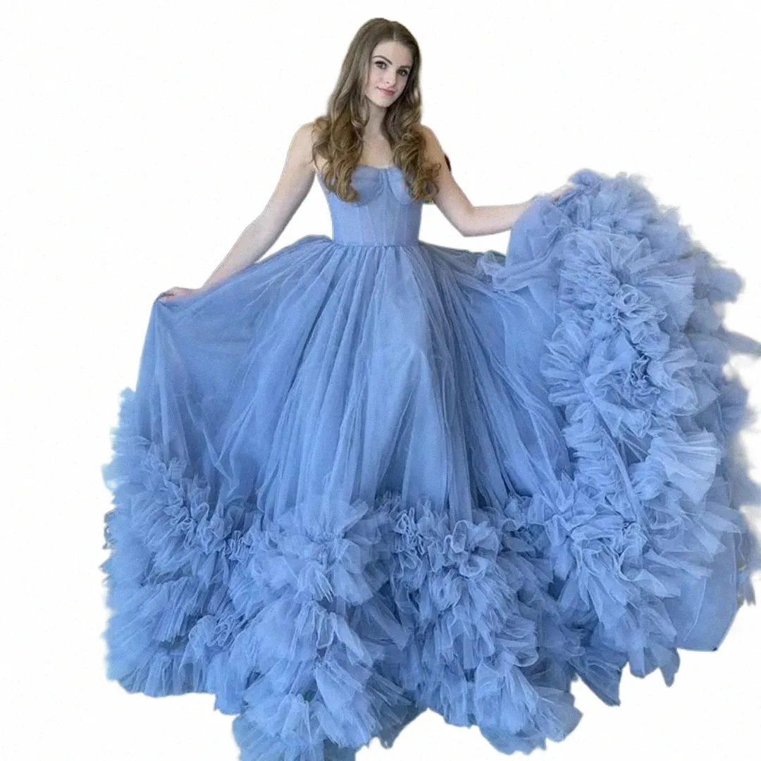 annie Sexy Strapl Prom Dres Handmade Organza Ruffles Vestidos de Fiesta Elegantes Para Mujer 2024 Blue Graduati Gown F2BH#