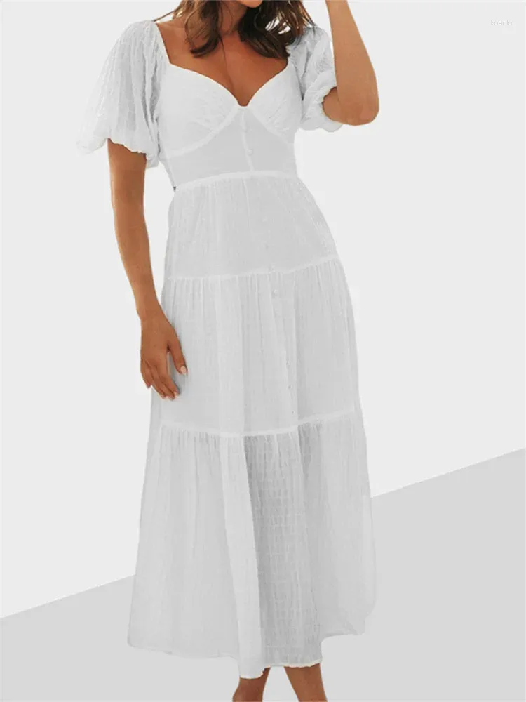 Casual Dresses Women Puff Sleeve Vintage Midi Dress Short V Neck Backless Tie Knot Flowy Tiered A-Line Bohemian Holiday White