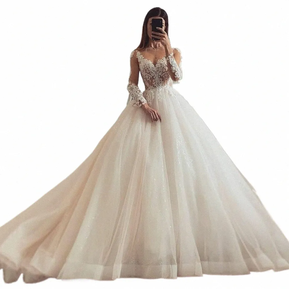 Bohemian Wedding Dres donna elegante Sweetheart A-line Sheer Applique Lg manica Princ Prom Abiti da sposa formale Party De B6ff #