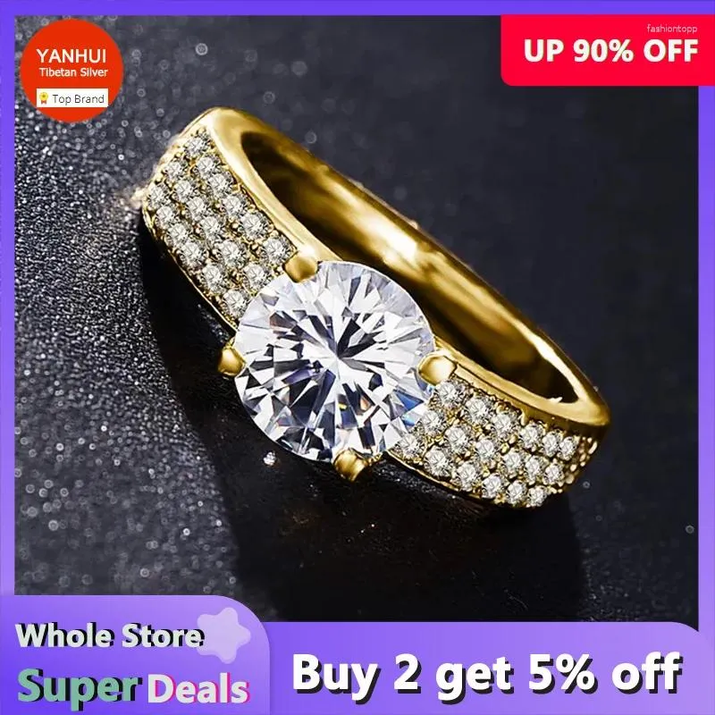 Anéis de cluster puro sólido amarelo ouro cor anel 2ct zircônia casamento para mulheres jóias de prata com logotipo 18k rgp