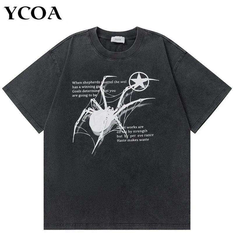 T-shirt da uomo streetwear hip hop oversize y2k lavato nero ragno grafico harajuku gotico vintage cotone top magliette vestiti larghi 240313