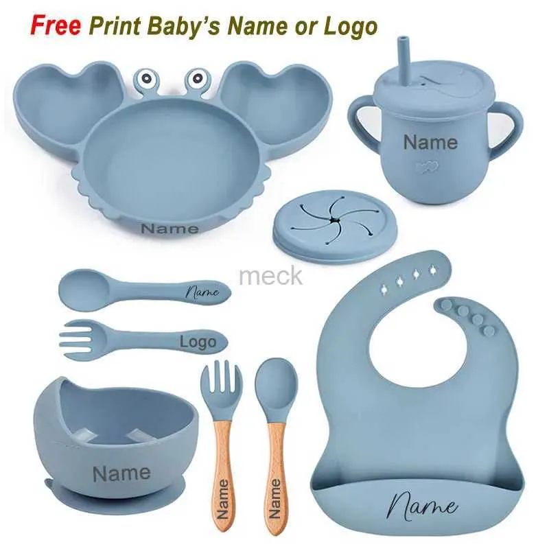 Cups Dishes Utensils Crab Plate For Baby Silicone Tableware Suction Bowl Plate Tray Bibs Spoon Personalized Name Babys Name Feeding Set For Kids 240329