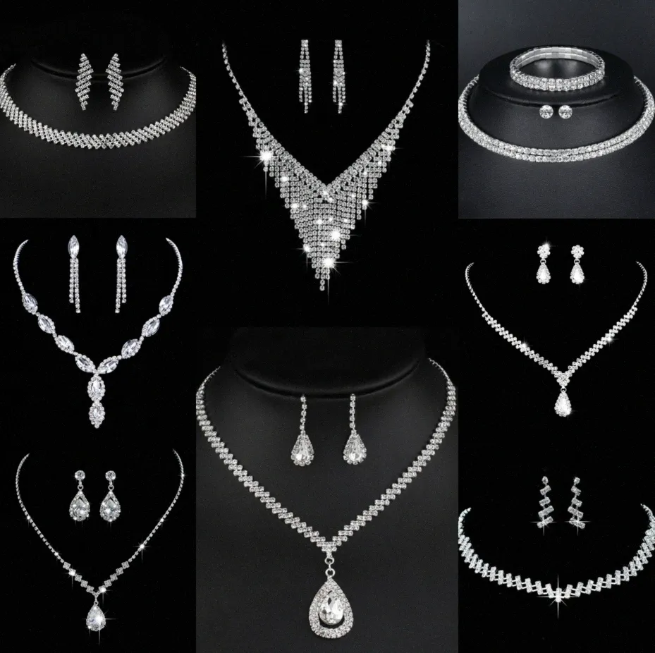 Wertvolles Labordiamant-Schmuckset Sterlingsilber-Hochzeits-Halsketten-Ohrringe für Frauen-Braut-Verlobungs-Schmuck-Geschenk d3Vt #