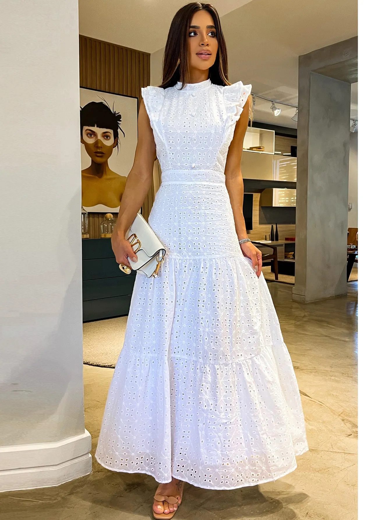DHgate Elegant Boho chic Summer Maxi Dress Flowy O Neck Flying Sleeves Solid Color Apparel