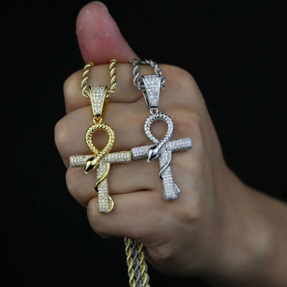 New Hip Hop Gold Plated Bling Cz Cross Pendant Necklace Jewelry Women Men Iced Out Diamond Ankh Cross Pendant with Snake