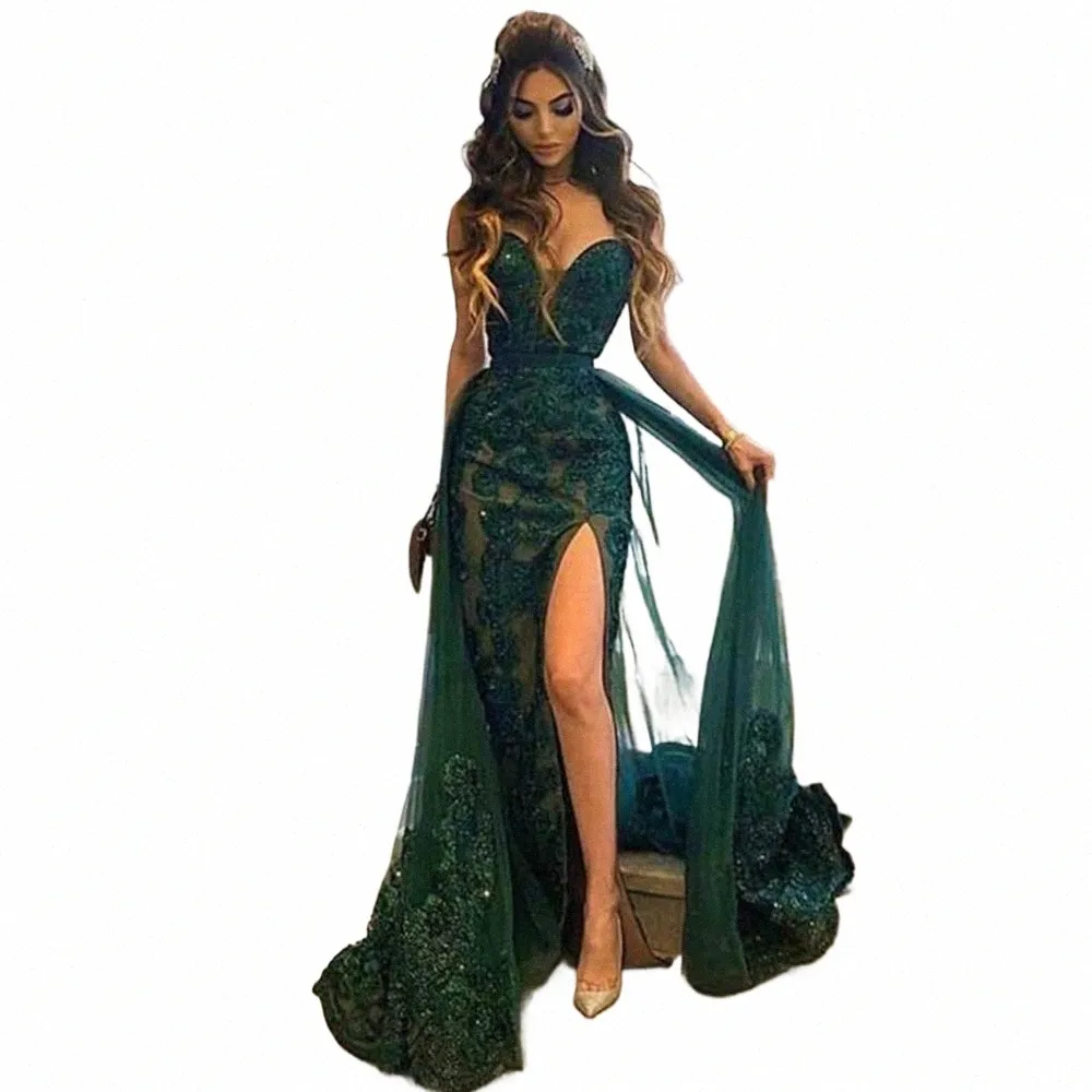 sexy Evening Dres Illusi Prom Dr Lace Sheath Mermaid With Sweep Train Ball Gowns V-Neck High Slit Robes Vestidos De Gala h9bk#