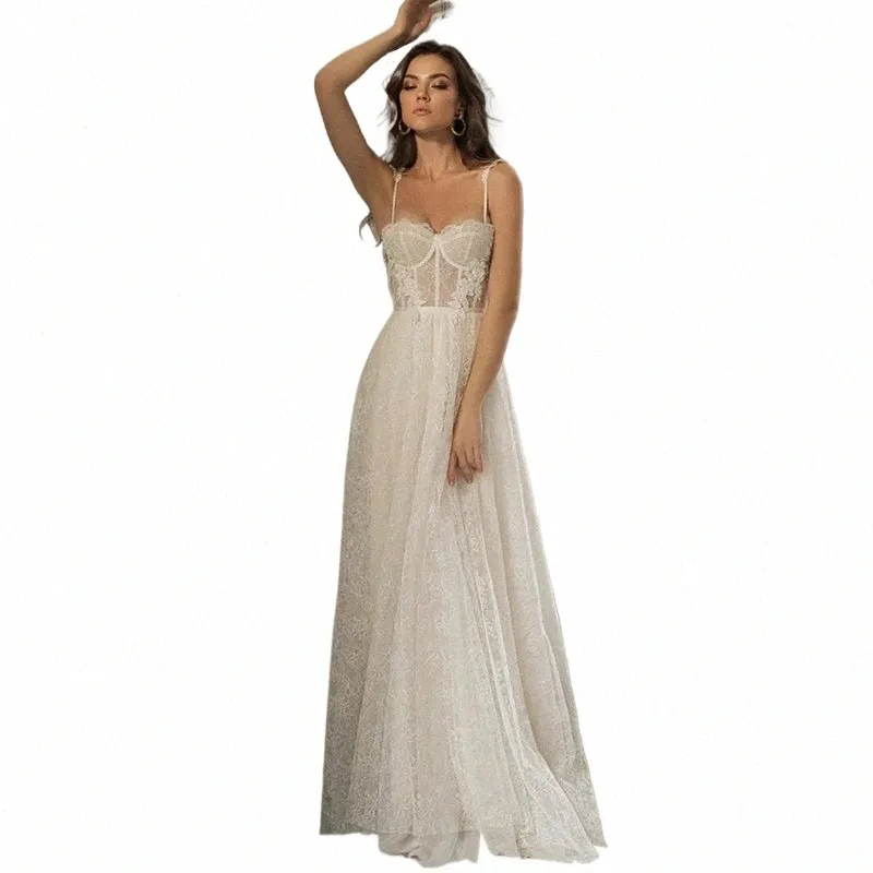 Dreamy Lace A-Line Wedding Dress: Spaghetti Strap, Sweetheart
