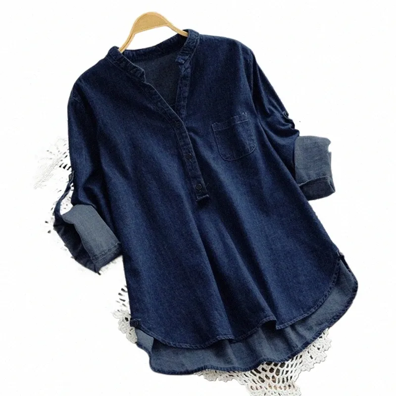 Zanzea 2023 Femmes Denim Bleu Chemises Fi Automne Blouse Casual Butt V Col Lg Manches Tops Jean Tunique Blusa Plus Taille b7tU #