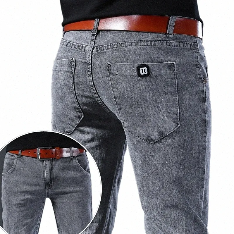 Herenbroek met rechte pijpen, elastische taille, middelhoge taille, Fiable Slim Fit, Comfortabele grijze jeans, Elastisch, Trendy en charmante herenjeans Q3R4#