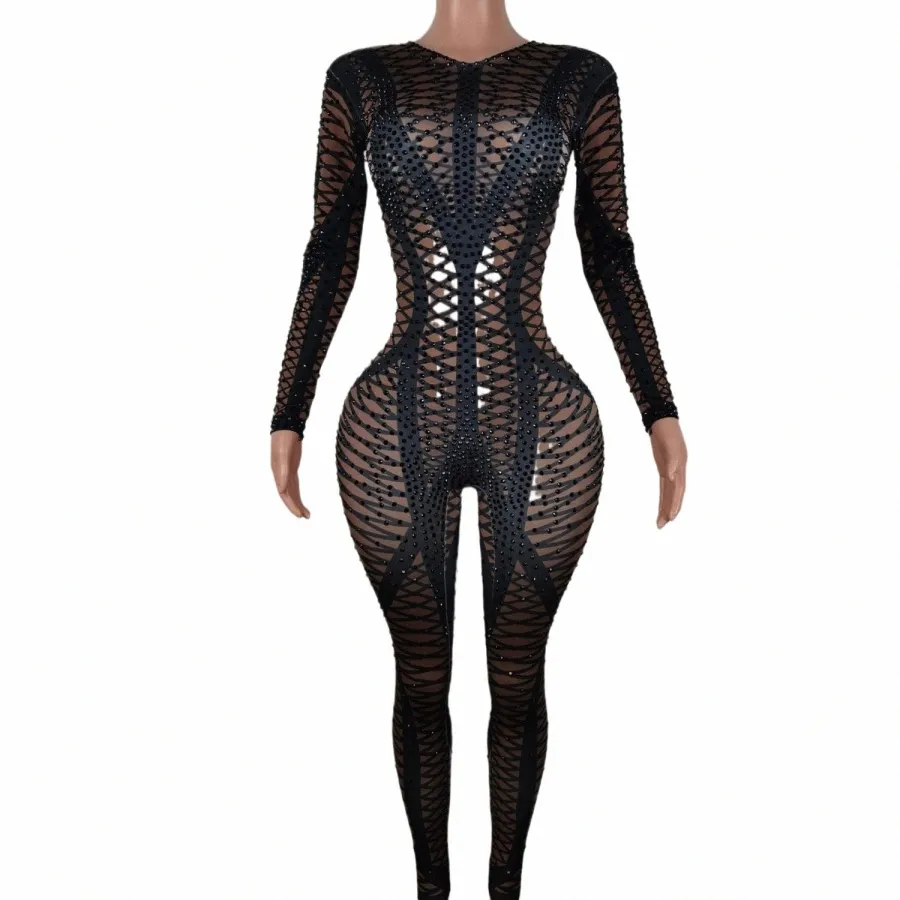 sexy Geometric Patterns Jumpsuit Woman Sparkly Stes Bodysuit Stage Wear Celebrate Female Singer Crystals Costume Outfit Heicha e1nV#